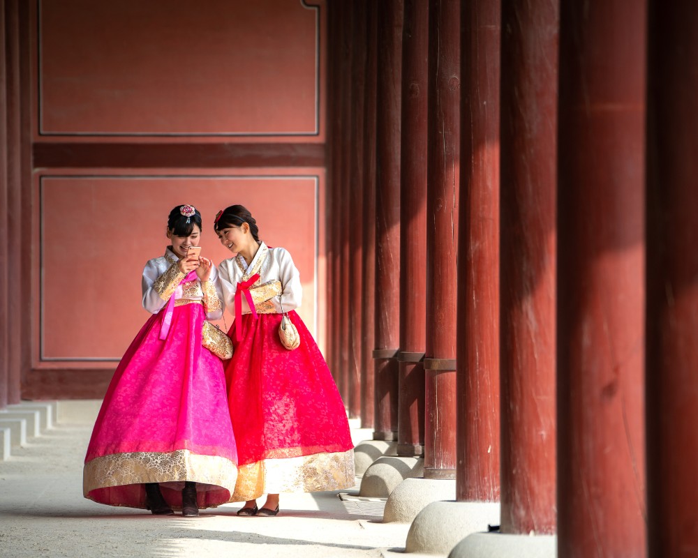 2 women wearing hanbok south korea destination purrfect pilots