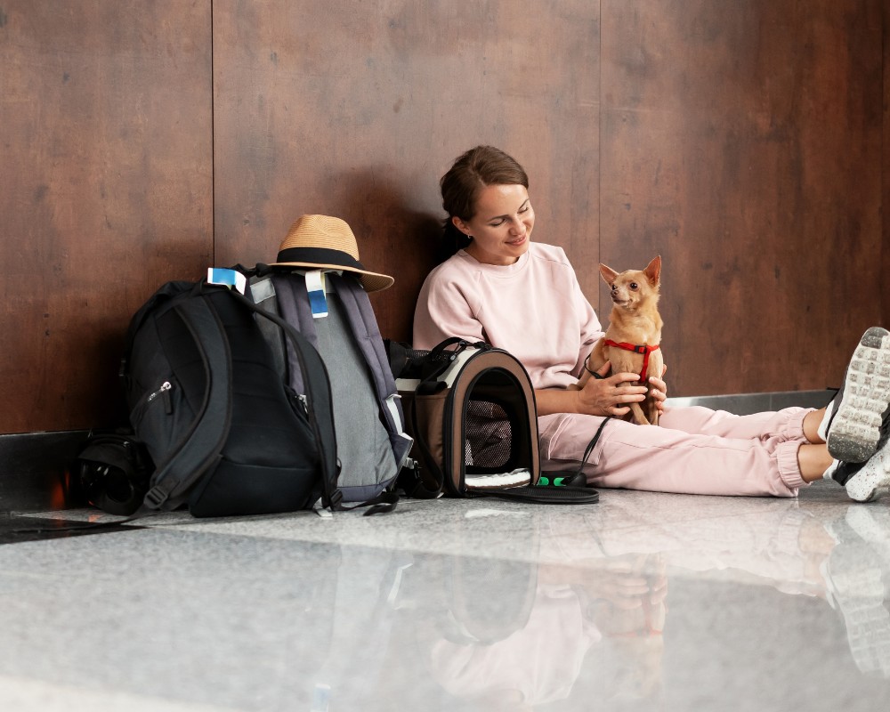 woman with a dog at airport travel buddy service purrfect pilots