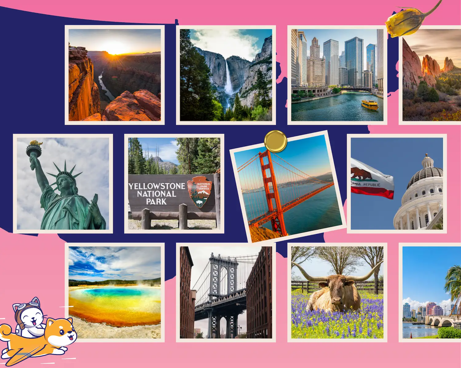 a collage with several photos of attractions in the United States purrfect pilots