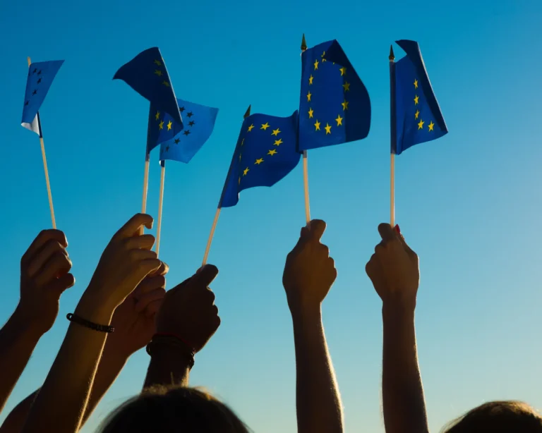 many hands waving eu flags bringing pet dogs and cats to the european union purrfect pilots