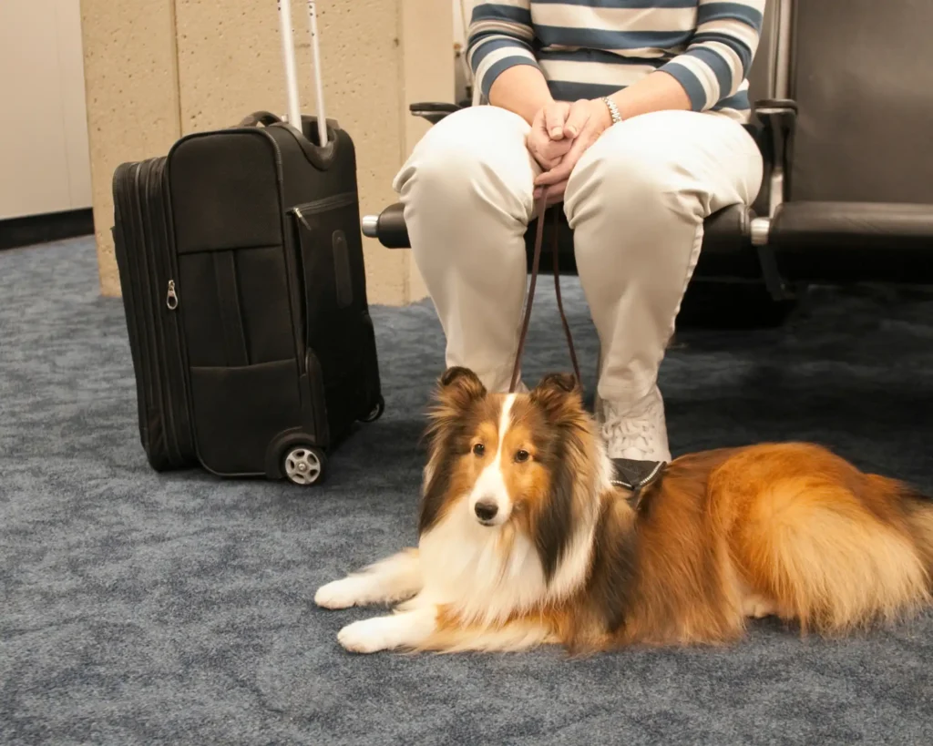 a long-haired dog laying next to a woman's legs bringing pet dogs and cats to the european union purrfect pilots