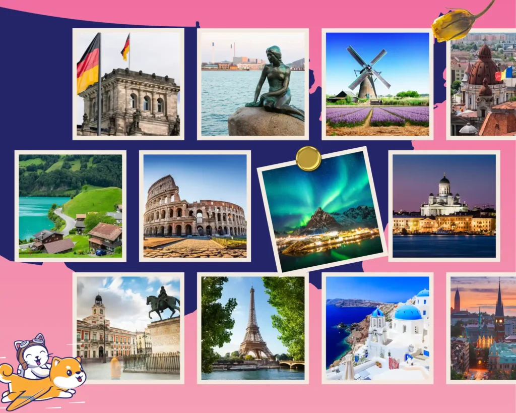 a collage of attractions in europe bringing pet dogs and cats to the european union purrfect pilots