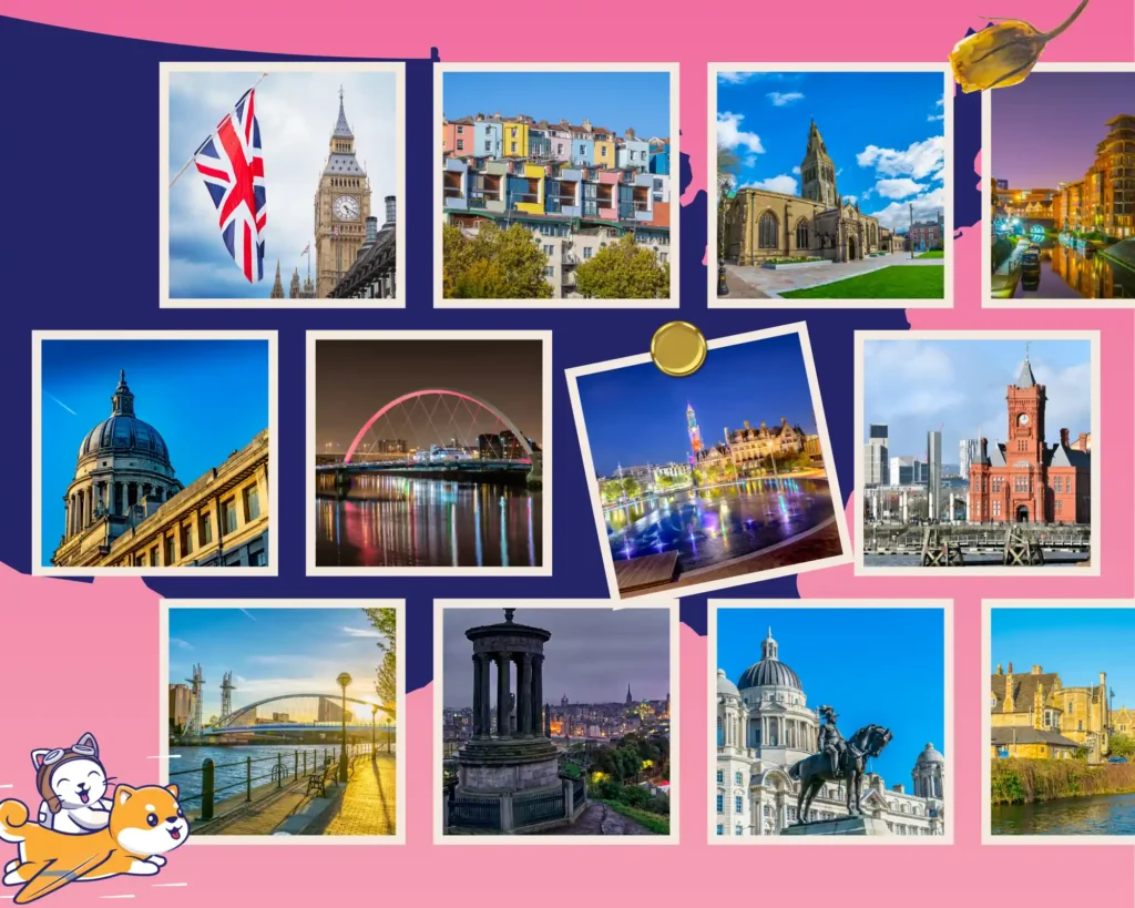 a collage of attractions in Great Britain bringing pet dogs and cats in Great Britain purrfect pilots 