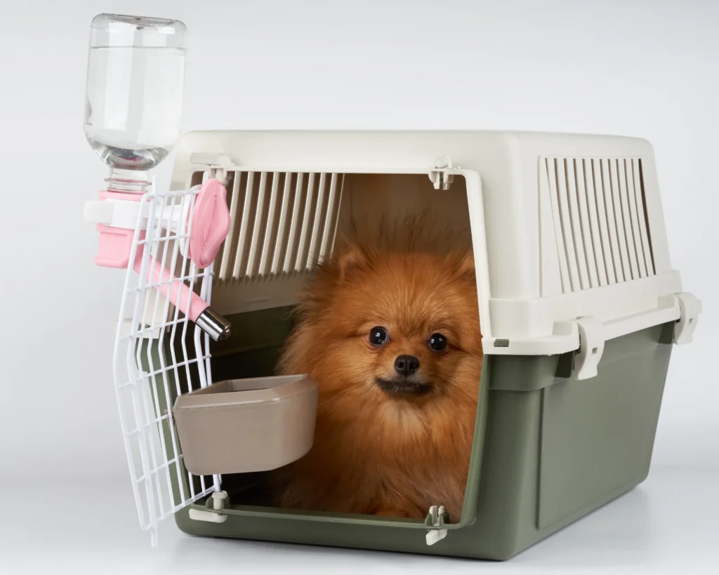 a brown, long-haired dog in a crate a beginner's guide how to prepare for pet travel purrfect pilots