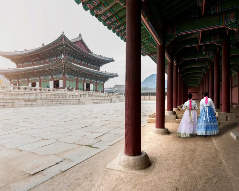 two korean girls in hanbok walking side by side in a place relocating pets to south korea purrfect pilots